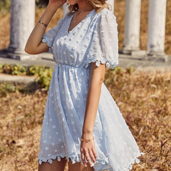 Boho lace Blue Swiss Dot V neck Sheer Sleeve Dress - Picture 3 of 5